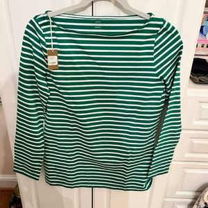 Ann mashburn long sleeve boat neck t size medium nwt green and white stripe